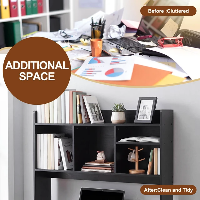 Alt view image 6 of 6 - Dorm Desk Hutch Wood Desktop Bookshelf 32.4x27.6x8'',Black 6 Shelves 3 Tier Countertop Storage Hutch, Computer Top Only Organizer Multipurpose Display Rack, Work College Office Home