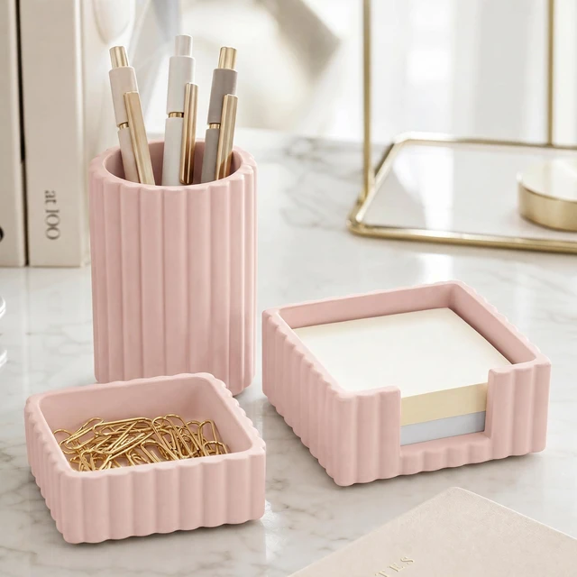 Main image of Modern Aesthetic Desk Accessories Set of 3 - Pink Concrete Organizers For Pens and Office Supplies - A Cute and Functional Addition to Your Workspace Decor