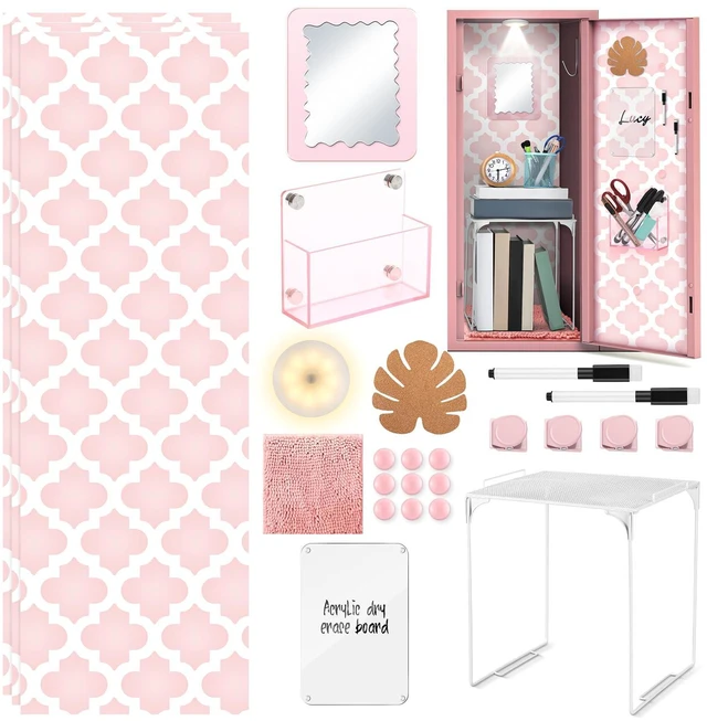Main image of 25 Pcs Locker Accessories, Locker Wallpaper,Flower,Pink Pink,Locker Organizer, First Day of School Essentials, Shelf, Mirror, LED Light, Pen Holder, Magnetic Dry Erase Board, Rug