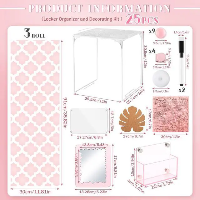 Alt view image 3 of 7 - 25 Pcs Locker Accessories, Locker Wallpaper,Flower,Pink Pink,Locker Organizer, First Day of School Essentials, Shelf, Mirror, LED Light, Pen Holder, Magnetic Dry Erase Board, Rug