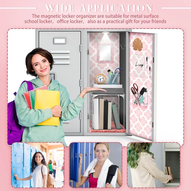 Alt view image 5 of 7 - 25 Pcs Locker Accessories, Locker Wallpaper,Flower,Pink Pink,Locker Organizer, First Day of School Essentials, Shelf, Mirror, LED Light, Pen Holder, Magnetic Dry Erase Board, Rug