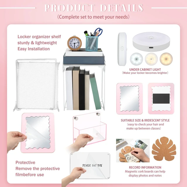 Alt view image 6 of 7 - 25 Pcs Locker Accessories, Locker Wallpaper,Flower,Pink Pink,Locker Organizer, First Day of School Essentials, Shelf, Mirror, LED Light, Pen Holder, Magnetic Dry Erase Board, Rug