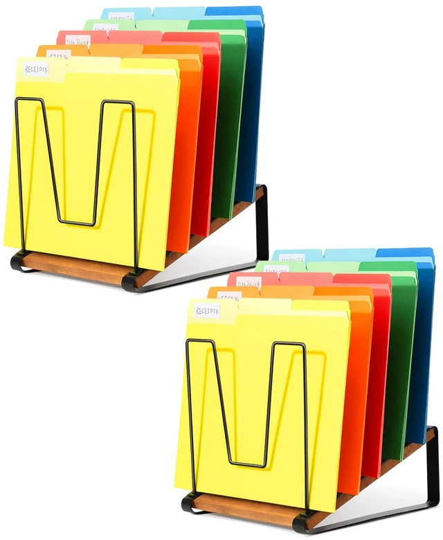 Main image of 2 Pack Desk File Organizer, 5-Section Desktop File Folder Holder Visible Tiered Design, Metal Rack with Wood Base, Vertical Storage for Binders Documents & Magazines, Classroom Office Use
