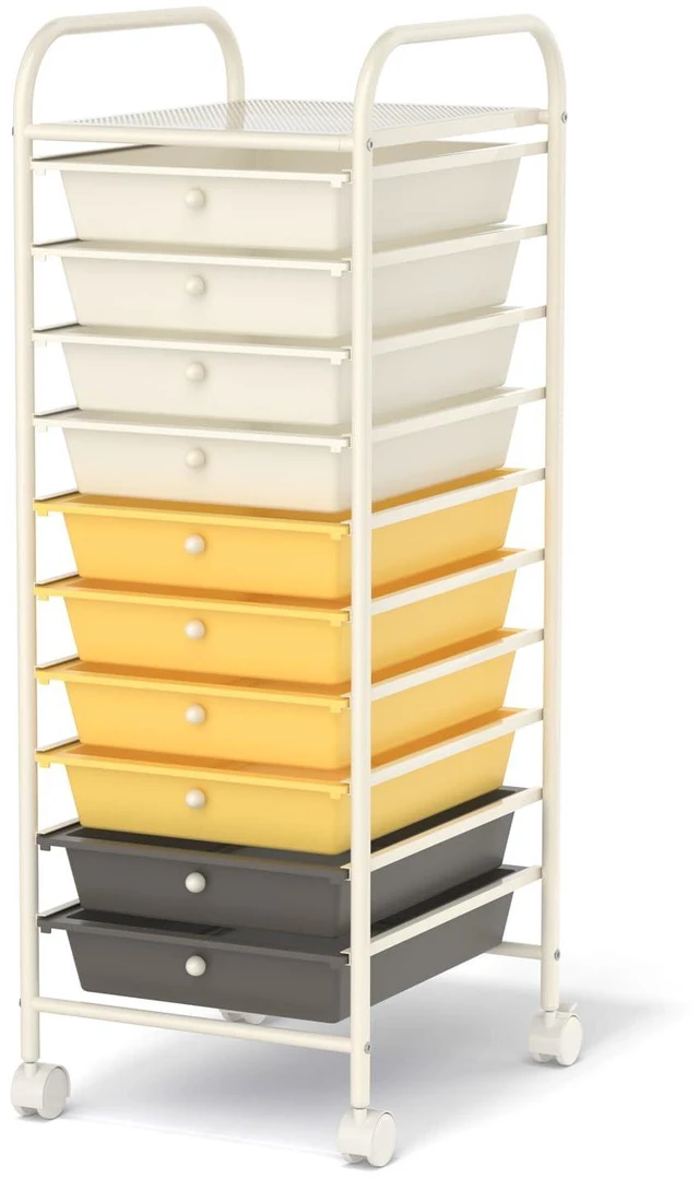 Main image of 10 Drawers Rolling Storage Cart, Multipurpose Craft Storage Cart with Wheels, Mobile Tools Scrapbook Paper Organizer Cart for Office School Home Use (Yellow)