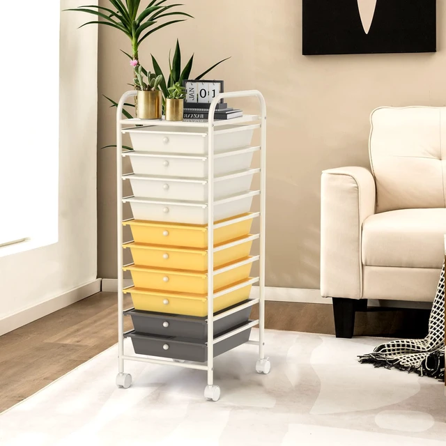 Alt view image 2 of 7 - 10 Drawers Rolling Storage Cart, Multipurpose Craft Storage Cart with Wheels, Mobile Tools Scrapbook Paper Organizer Cart for Office School Home Use (Yellow)