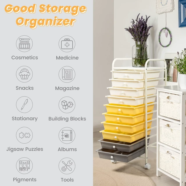 Alt view image 5 of 7 - 10 Drawers Rolling Storage Cart, Multipurpose Craft Storage Cart with Wheels, Mobile Tools Scrapbook Paper Organizer Cart for Office School Home Use (Yellow)