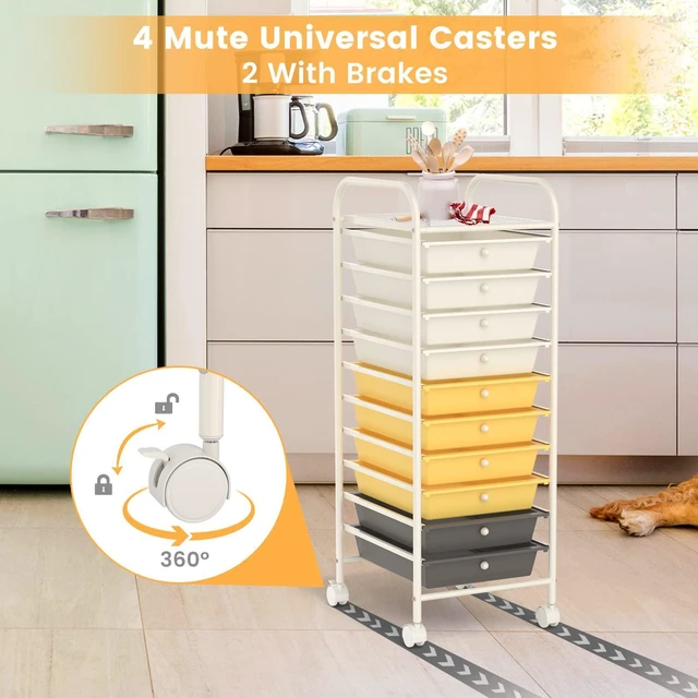 Alt view image 6 of 7 - 10 Drawers Rolling Storage Cart, Multipurpose Craft Storage Cart with Wheels, Mobile Tools Scrapbook Paper Organizer Cart for Office School Home Use (Yellow)
