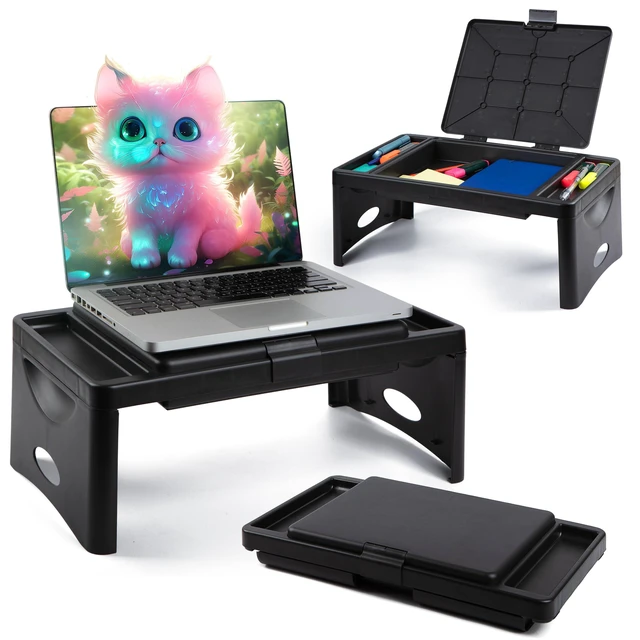 Alt view image 2 of 7 - Lap Desk, Folding Desk, Bed Table, Black, 9.75"x12" Built-In Storage with 2 Trays & Pocket, Bed Desk, Easy 2 lb Carry, Car Seat Tray for Travel, Portable Desk, Tucks Under Bed