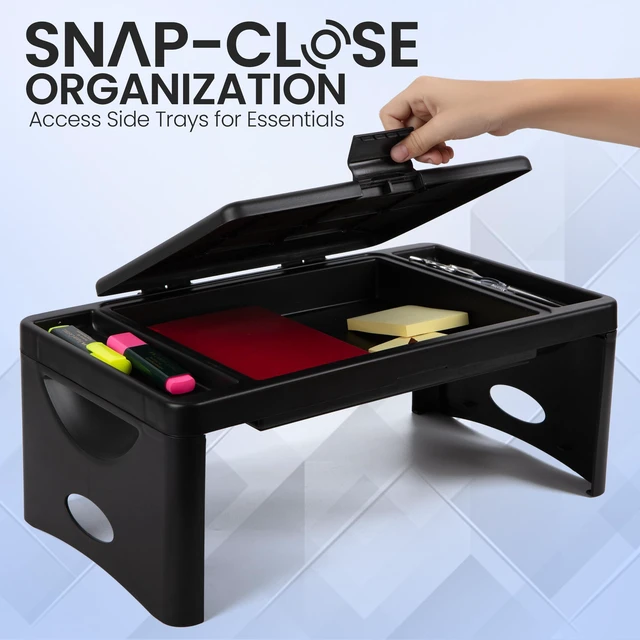Alt view image 3 of 7 - Lap Desk, Folding Desk, Bed Table, Black, 9.75"x12" Built-In Storage with 2 Trays & Pocket, Bed Desk, Easy 2 lb Carry, Car Seat Tray for Travel, Portable Desk, Tucks Under Bed