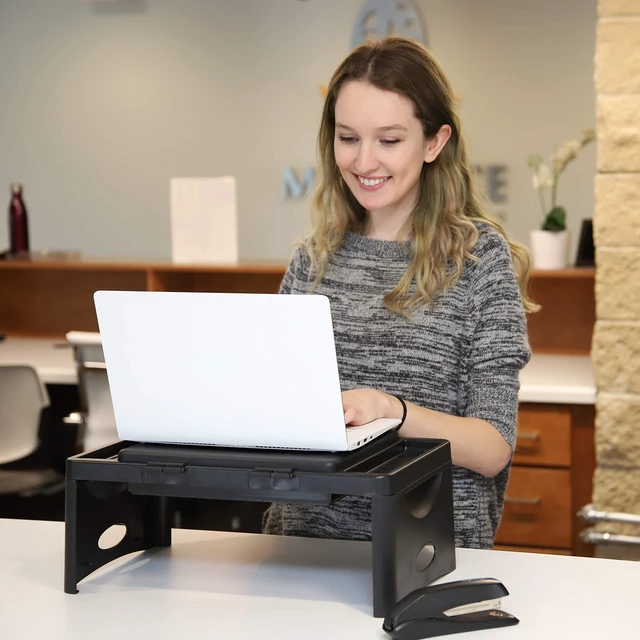 Alt view image 4 of 7 - Lap Desk, Folding Desk, Bed Table, Black, 9.75"x12" Built-In Storage with 2 Trays & Pocket, Bed Desk, Easy 2 lb Carry, Car Seat Tray for Travel, Portable Desk, Tucks Under Bed