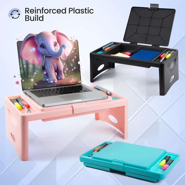 Alt view image 5 of 7 - Lap Desk, Folding Desk, Bed Table, Black, 9.75"x12" Built-In Storage with 2 Trays & Pocket, Bed Desk, Easy 2 lb Carry, Car Seat Tray for Travel, Portable Desk, Tucks Under Bed