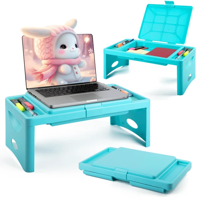 Alt view image 2 of 7 - Foldable Lap Desk for Adults, Bed Tray, Teal Blue, 9.75"x12" Portable Desk, Car Seat Tray for Road Trips, Storage Pocket, Lap Desk Kids, Folding Desk Bed Table