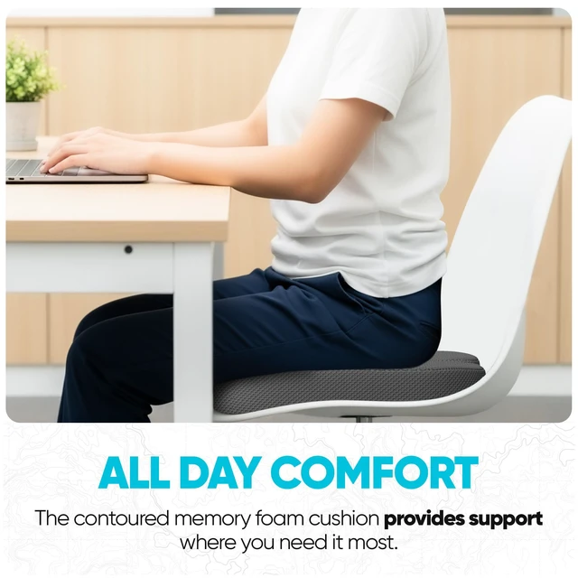 Alt view image 4 of 7 - Seat Cushion, Office Chair Cushion for Tailbone Sciatica Pain Relief Memory Foam Pillow for Car | Ergonomic Design | Washable Cover | Non Slip | Dark Grey