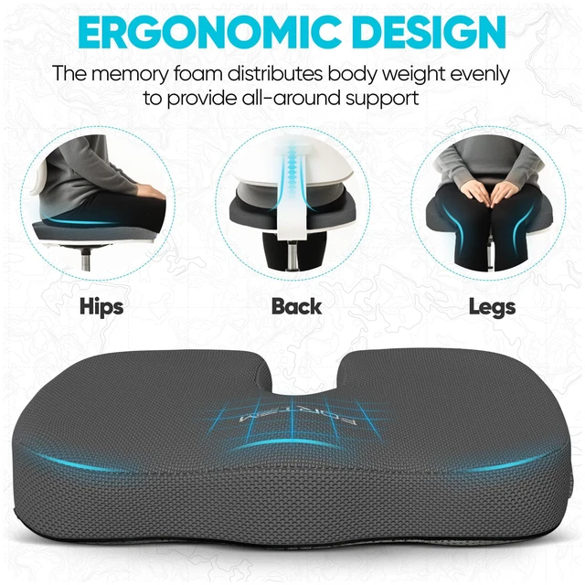 Alt view image 7 of 7 - Seat Cushion, Office Chair Cushion for Tailbone Sciatica Pain Relief Memory Foam Pillow for Car | Ergonomic Design | Washable Cover | Non Slip | Dark Grey