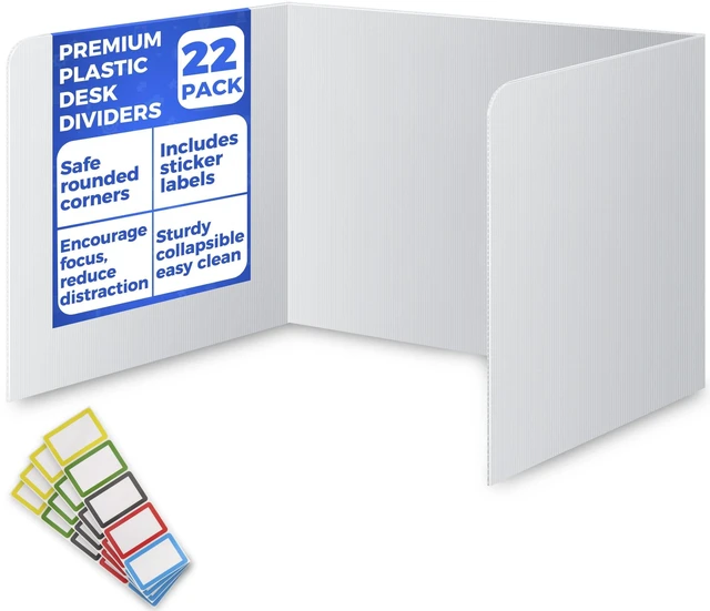 Main image of 22 Pack Classroom Privacy Shields for Student Desks - Easy to Clean Plastic Sneeze Guard Folder Desk Divider Study Carrel - Classroom Materials for School Teachers - Includes Extra Labels
