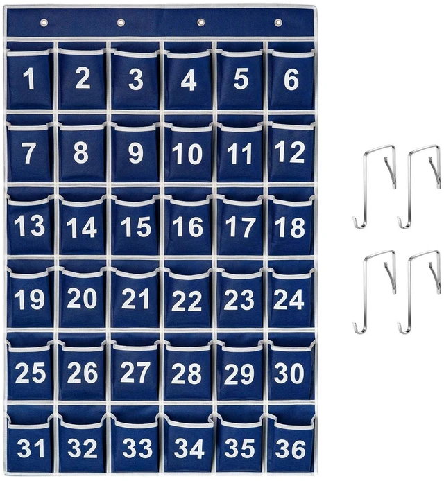 Main image of 36 Pockets Blue Numbered Classroom Pocket Chart for Cell Phones, Hanging Pocket Chart Storage for Classroom Phone Calculator Holder with 4 Stainless Steel Hooks (Blue-36pockets)