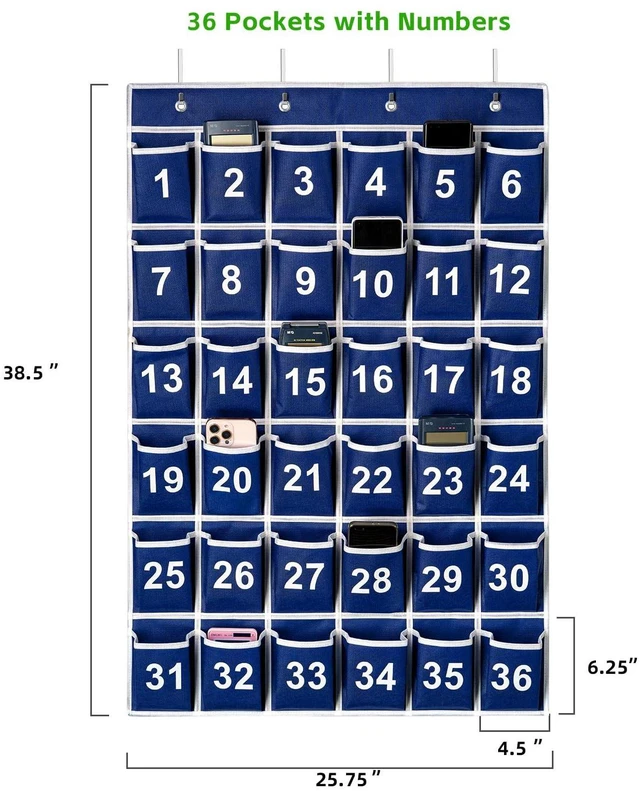 Alt view image 2 of 7 - 36 Pockets Blue Numbered Classroom Pocket Chart for Cell Phones, Hanging Pocket Chart Storage for Classroom Phone Calculator Holder with 4 Stainless Steel Hooks (Blue-36pockets)