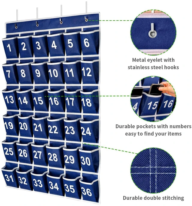 Alt view image 3 of 7 - 36 Pockets Blue Numbered Classroom Pocket Chart for Cell Phones, Hanging Pocket Chart Storage for Classroom Phone Calculator Holder with 4 Stainless Steel Hooks (Blue-36pockets)