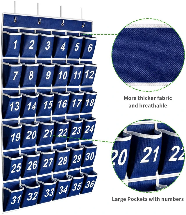Alt view image 4 of 7 - 36 Pockets Blue Numbered Classroom Pocket Chart for Cell Phones, Hanging Pocket Chart Storage for Classroom Phone Calculator Holder with 4 Stainless Steel Hooks (Blue-36pockets)