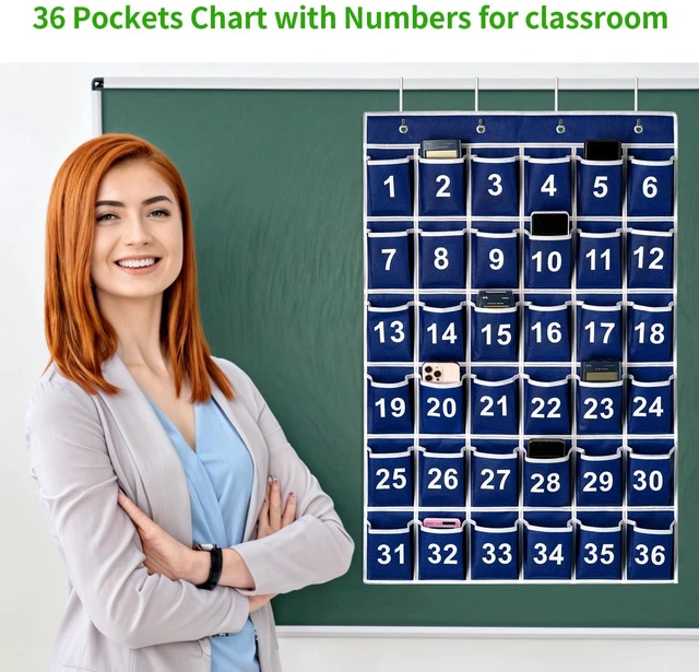 Alt view image 6 of 7 - 36 Pockets Blue Numbered Classroom Pocket Chart for Cell Phones, Hanging Pocket Chart Storage for Classroom Phone Calculator Holder with 4 Stainless Steel Hooks (Blue-36pockets)