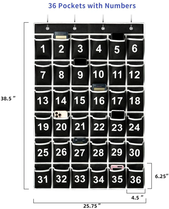 Alt view image 2 of 7 - 36 Pockets Black Numbered Classroom Pocket Chart for Cell Phones, Hanging Pocket Chart Storage for Classroom Phone Calculator Holder with 4 Hooks (Black-36pockets)