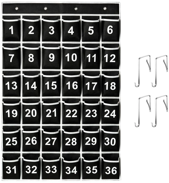 Main image of 36 Pockets Black Numbered Classroom Pocket Chart for Cell Phones, Hanging Pocket Chart Storage for Classroom Phone Calculator Holder with 4 Hooks (Black-36pockets)