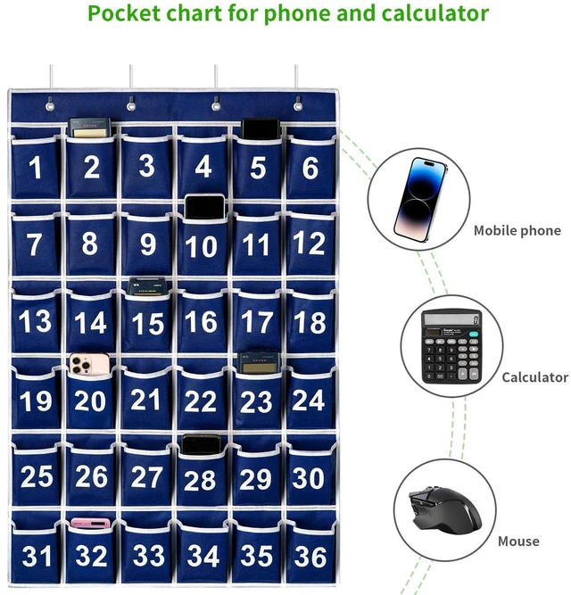 Alt view image 7 of 7 - 36 Pockets Blue Numbered Classroom Pocket Chart for Cell Phones, Hanging Pocket Chart Storage for Classroom Phone Calculator Holder with 4 Stainless Steel Hooks (Blue-36pockets)