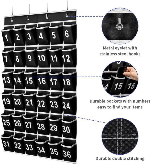 Alt view image 3 of 7 - 36 Pockets Black Numbered Classroom Pocket Chart for Cell Phones, Hanging Pocket Chart Storage for Classroom Phone Calculator Holder with 4 Hooks (Black-36pockets)