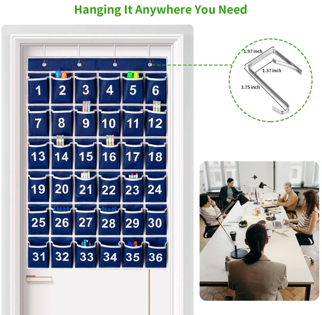 Alt view image 5 of 7 - 36 Pockets Blue Numbered Classroom Pocket Chart for Cell Phones, Hanging Pocket Chart Storage for Classroom Phone Calculator Holder with 4 Stainless Steel Hooks (Blue-36pockets)