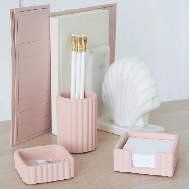 Alt view image 2 of 7 - Modern Aesthetic Desk Accessories Set of 3 - Pink Concrete Organizers For Pens and Office Supplies - A Cute and Functional Addition to Your Workspace Decor