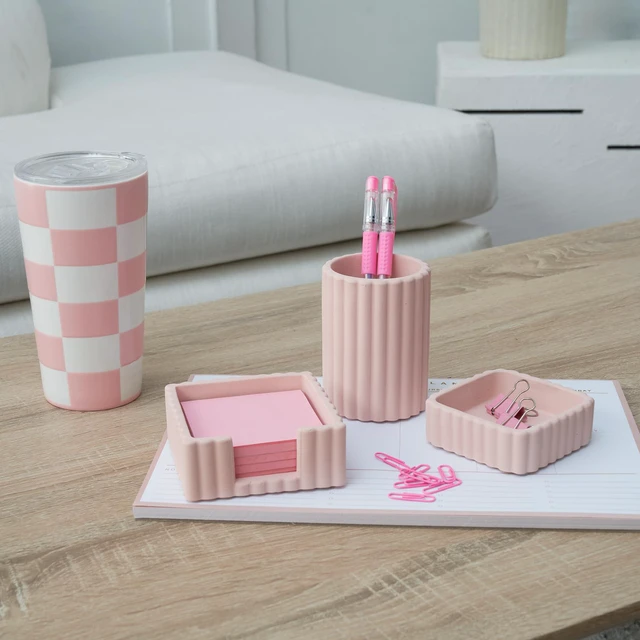 Alt view image 6 of 7 - Modern Aesthetic Desk Accessories Set of 3 - Pink Concrete Organizers For Pens and Office Supplies - A Cute and Functional Addition to Your Workspace Decor