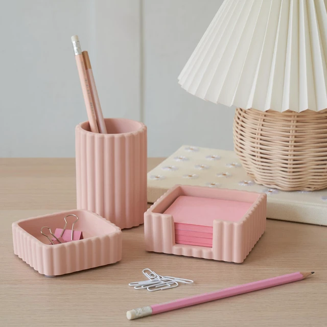 Alt view image 5 of 7 - Modern Aesthetic Desk Accessories Set of 3 - Pink Concrete Organizers For Pens and Office Supplies - A Cute and Functional Addition to Your Workspace Decor