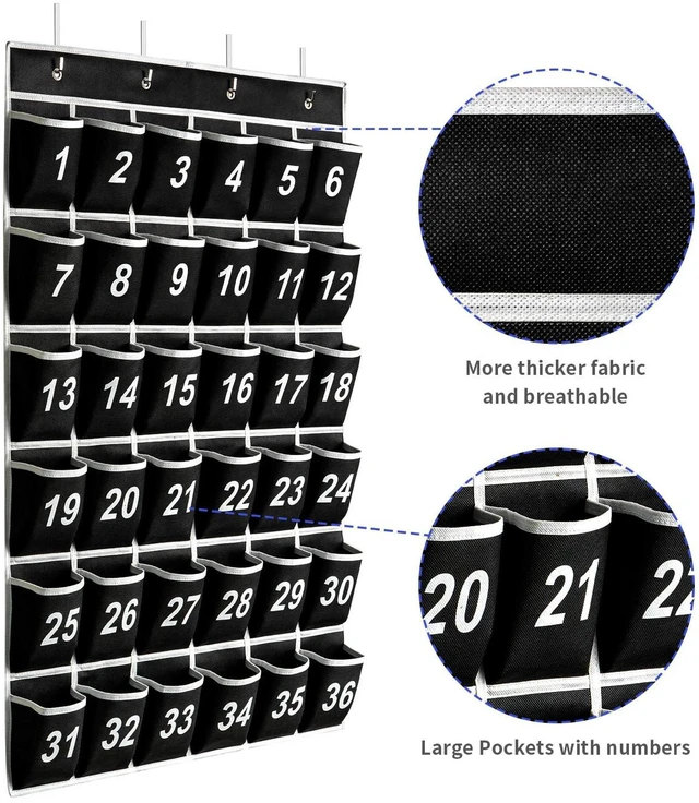 Alt view image 4 of 7 - 36 Pockets Black Numbered Classroom Pocket Chart for Cell Phones, Hanging Pocket Chart Storage for Classroom Phone Calculator Holder with 4 Hooks (Black-36pockets)