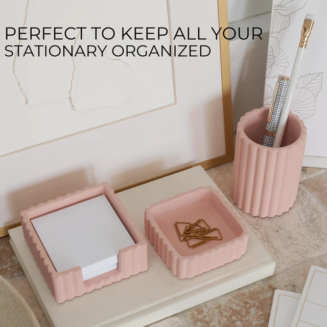 Alt view image 3 of 7 - Modern Aesthetic Desk Accessories Set of 3 - Pink Concrete Organizers For Pens and Office Supplies - A Cute and Functional Addition to Your Workspace Decor