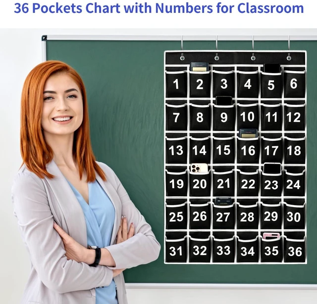 Alt view image 6 of 7 - 36 Pockets Black Numbered Classroom Pocket Chart for Cell Phones, Hanging Pocket Chart Storage for Classroom Phone Calculator Holder with 4 Hooks (Black-36pockets)