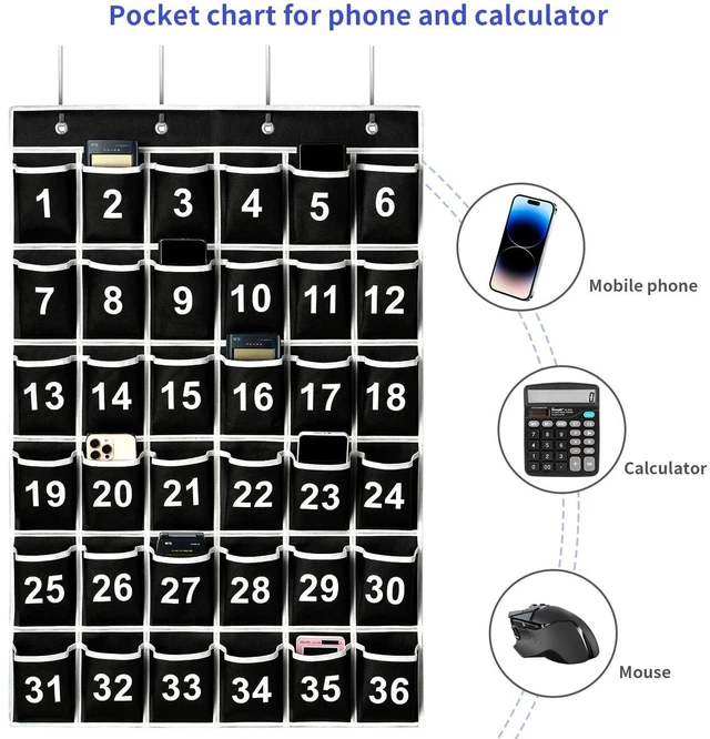 Alt view image 7 of 7 - 36 Pockets Black Numbered Classroom Pocket Chart for Cell Phones, Hanging Pocket Chart Storage for Classroom Phone Calculator Holder with 4 Hooks (Black-36pockets)