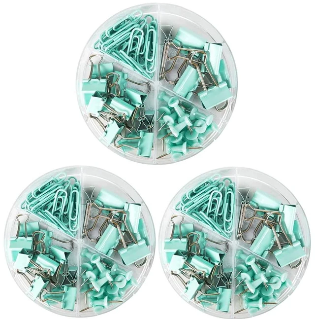 Main image of Paper Clips Binder Push Pin Set, Assorted Sized Binder Clips Cute Office Supplies, Aesthetic Desk Accessories Teachers Desk Must Have, Paper Clips and Binder Clips Set, Green, 3 Pack
