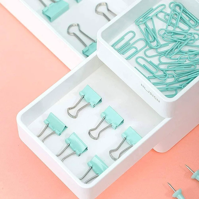 Alt view image 2 of 6 - Paper Clips Binder Push Pin Set, Assorted Sized Binder Clips Cute Office Supplies, Aesthetic Desk Accessories Teachers Desk Must Have, Paper Clips and Binder Clips Set, Green, 3 Pack