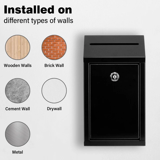 Alt view image 5 of 6 - Metal Donation Box with Lock, Wall Mounted, Suggestion Box with 4 Iron Keys, Black, Cash Drop Box with Slot, 1-Pack