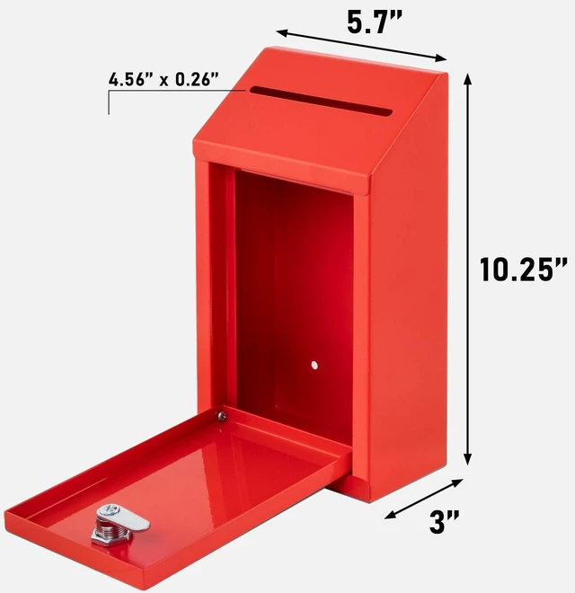 Alt view image 2 of 6 - Metal Donation Box with Lock, Wall Mounted, Suggestion Box with 4 Iron Keys, Red, Cash Drop Box with Slot, 1-Pack