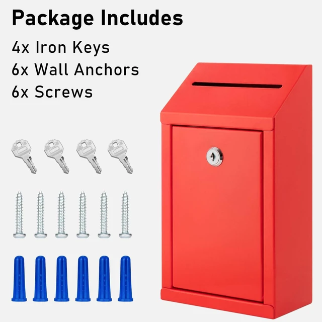 Alt view image 4 of 6 - Metal Donation Box with Lock, Wall Mounted, Suggestion Box with 4 Iron Keys, Red, Cash Drop Box with Slot, 1-Pack