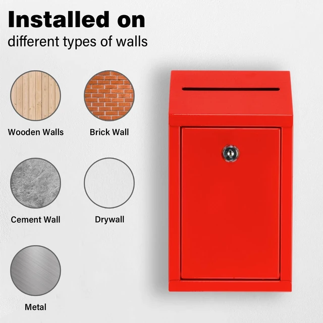 Alt view image 5 of 6 - Metal Donation Box with Lock, Wall Mounted, Suggestion Box with 4 Iron Keys, Red, Cash Drop Box with Slot, 1-Pack