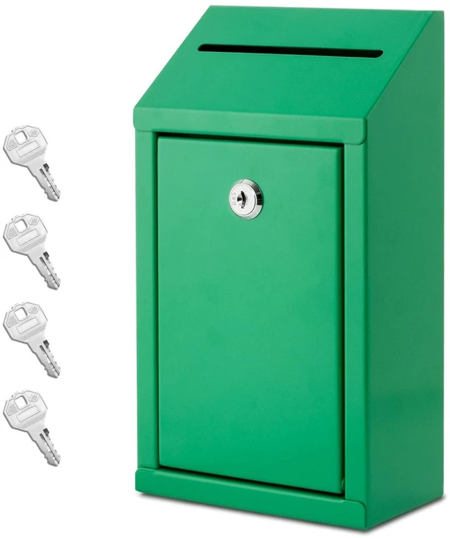 Main image of Metal Donation Box with Lock, Wall Mounted, Suggestion Box with 4 Iron Keys, Green, Cash Drop Box with Slot, 1-Pack