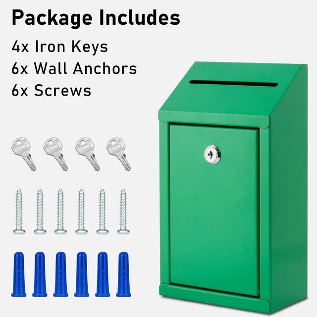 Alt view image 4 of 6 - Metal Donation Box with Lock, Wall Mounted, Suggestion Box with 4 Iron Keys, Green, Cash Drop Box with Slot, 1-Pack