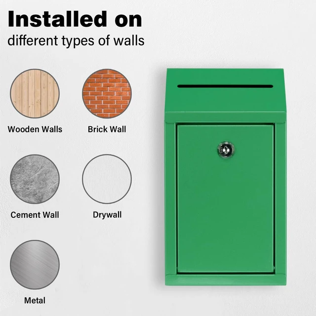 Alt view image 5 of 6 - Metal Donation Box with Lock, Wall Mounted, Suggestion Box with 4 Iron Keys, Green, Cash Drop Box with Slot, 1-Pack