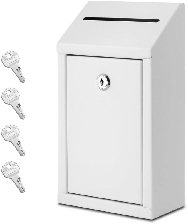 Main image of Metal Donation Box with Lock, Wall Mounted, Suggestion Box with 4 Iron Keys, White, Cash Drop Box with Slot, 1-Pack