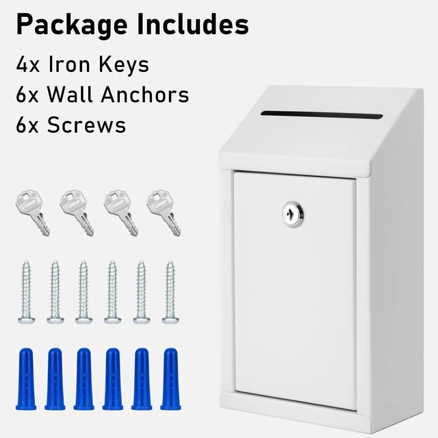 Alt view image 4 of 6 - Metal Donation Box with Lock, Wall Mounted, Suggestion Box with 4 Iron Keys, White, Cash Drop Box with Slot, 1-Pack