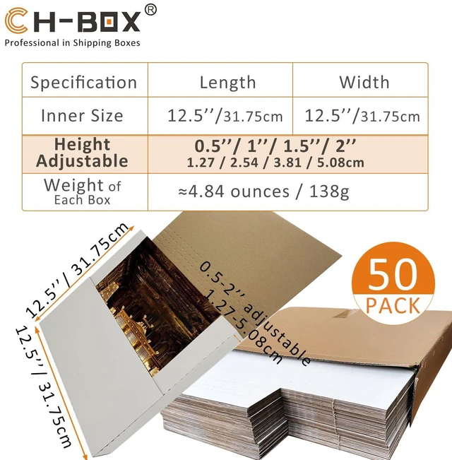 Alt view image 2 of 6 - 50 Pack Vinyl Record Shipping Mailing Box Mailers, 12.5" x 12.5" x 2", Perfect for 12-inch Lp Album, Height Adjustable Cardboard, White (EM1212)
