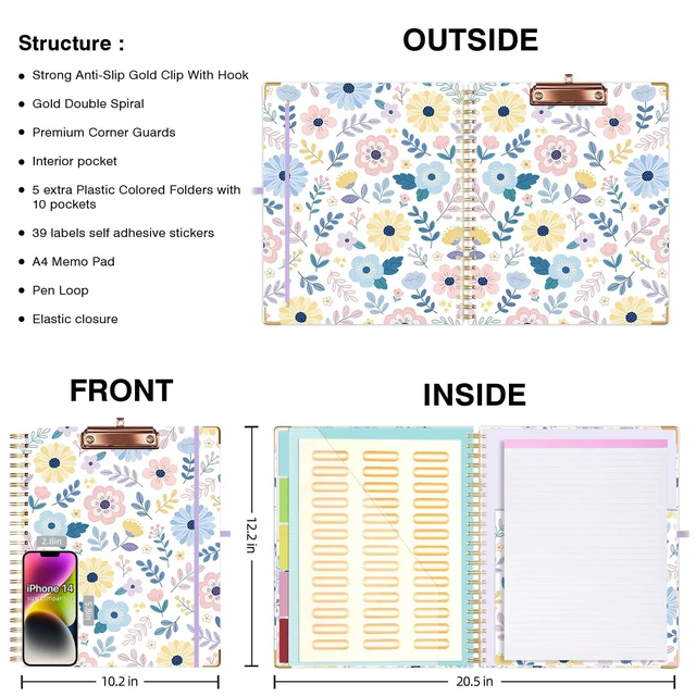 Alt view image 2 of 6 - Clipboard with Storage 8.5 X 11Padfolio Organizer, Spiral Portfolio Letter Size with Notepad, Pen Holder, 5 Extra Folder Divider Pages, Elastic Closure Nurse Office Essentials Daisy
