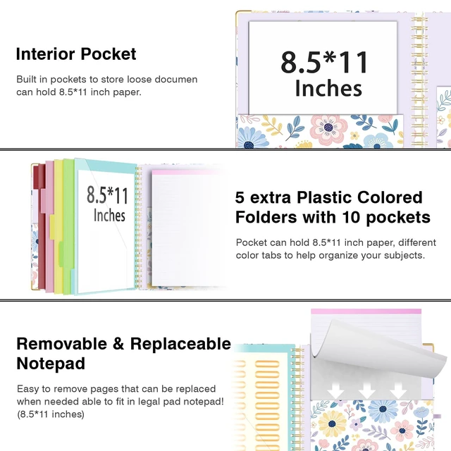 Alt view image 3 of 6 - Clipboard with Storage 8.5 X 11Padfolio Organizer, Spiral Portfolio Letter Size with Notepad, Pen Holder, 5 Extra Folder Divider Pages, Elastic Closure Nurse Office Essentials Daisy
